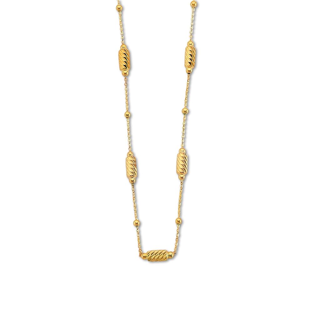 14K Gold Long Bead Necklace | Diamond-Cut Yellow Gold Chain By Tehrani Jewelry